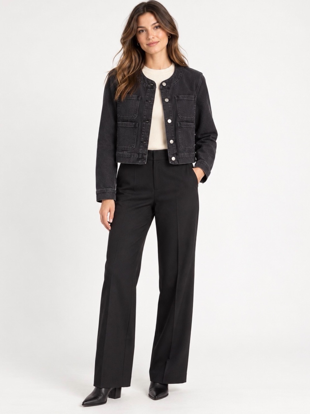 Maeve Anthropologie Black Cropped Denim Jacket M 4 Pocket